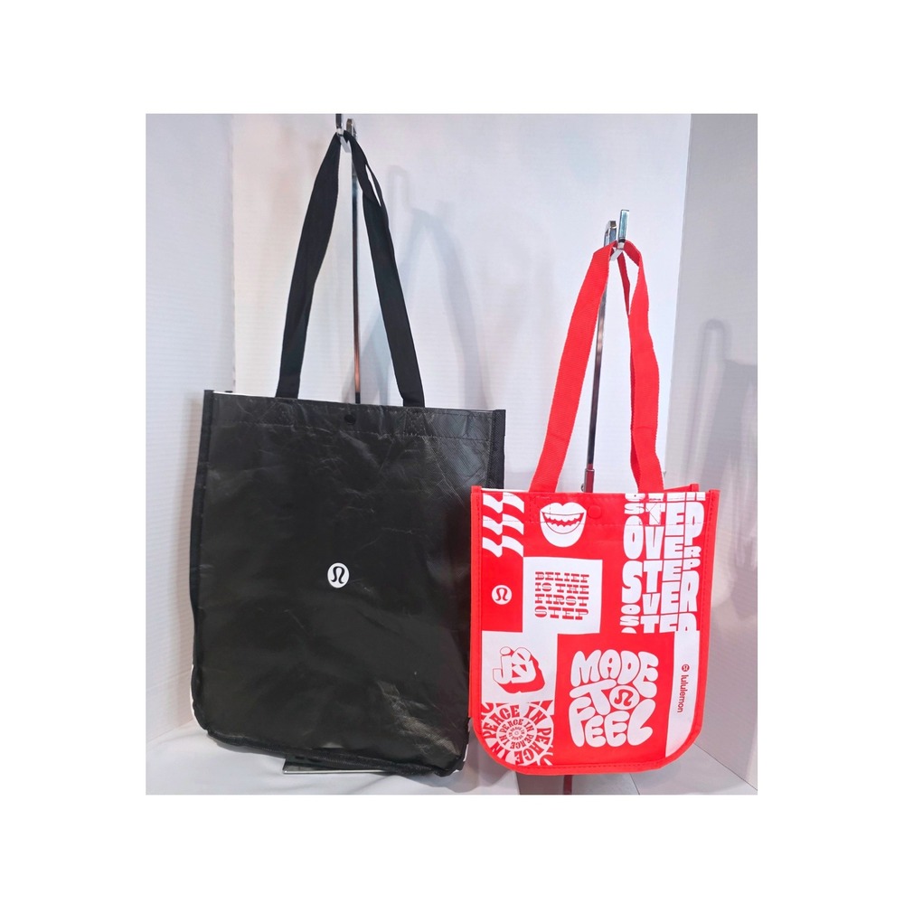Lululemon Reusable Shopping Tote Bag Set Black Large & Red Small Graphic Bags